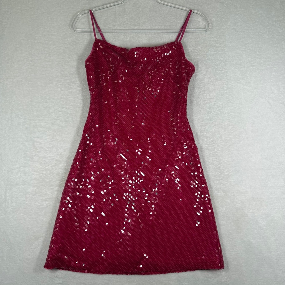LIKELY Hot Pink Sequin Mini Dress Womens Size 0 Fuchsia Spaghetti Strap Sparkly